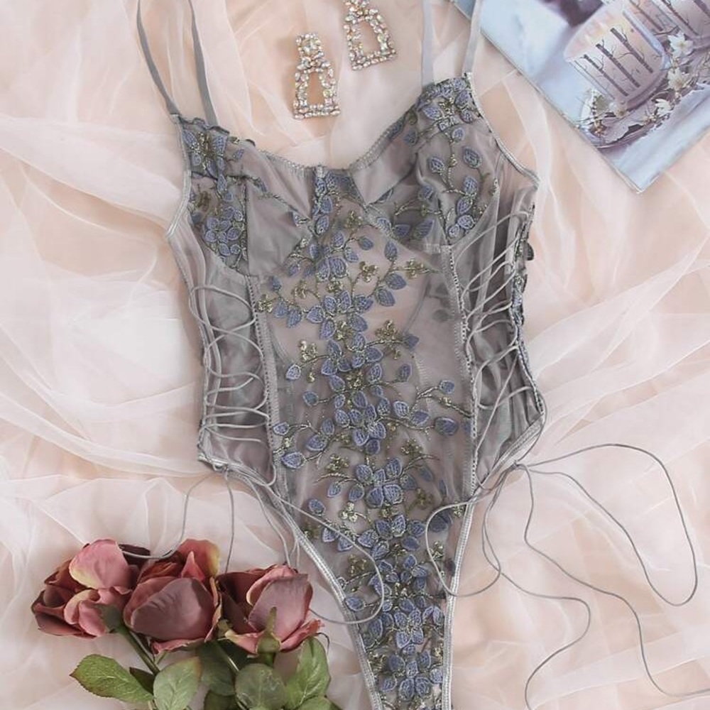 Floral Mesh Teddy Bodysuit from Shein